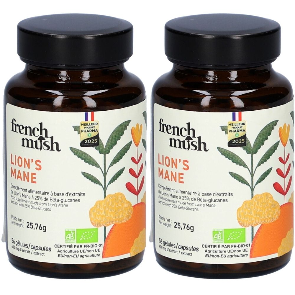 Twee bruine glazen flessen met zwarte doppen. Labels met "french mush LION'S MANE". Certificeringen en tekst in het Frans.