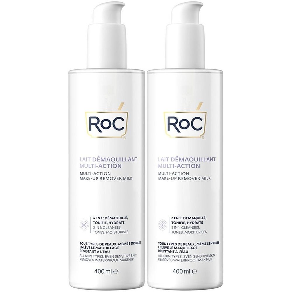 Twee witte flessen met pomp. Op elke fles staat « RoC Lait Démaquillant Multi-Action » en andere productinformatie.