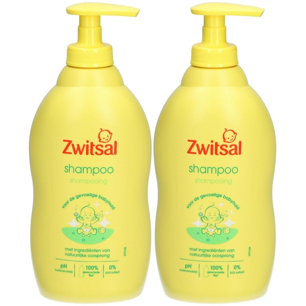 Deux flacons de shampooing Zwitsal jaunes avec bouchon pompe jaune. Inscription : Shampooing, pour la peau sensible de bébé.