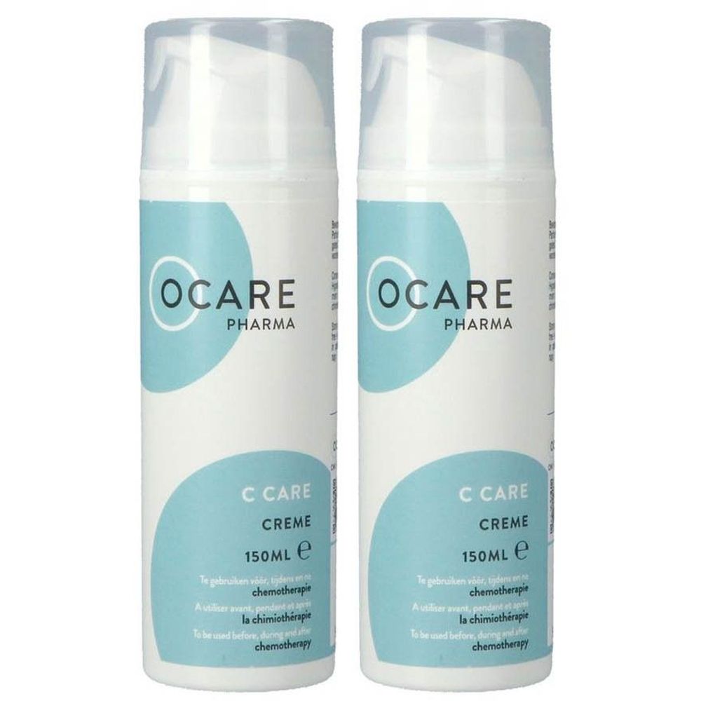 Deux flacons de crème OCARE PHARMA C Care. Flacons blancs avec étiquette bleue. Inscription : C Care Crème, 150ml.