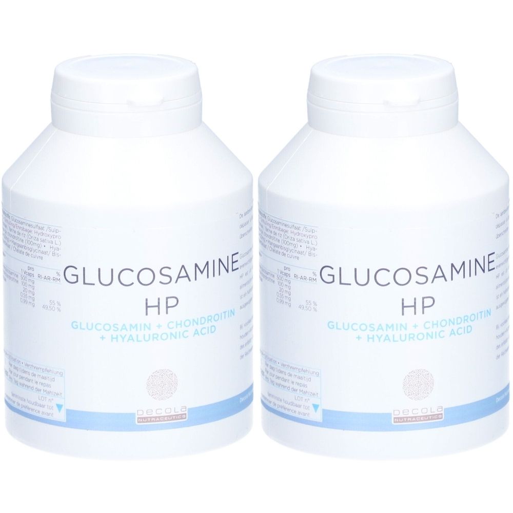 Twee witte flessen met schroefdop. Opschrift: Glucosamine HP, Glucosamine + Chondroïtine + Hyaluronzuur. Merk Decola.