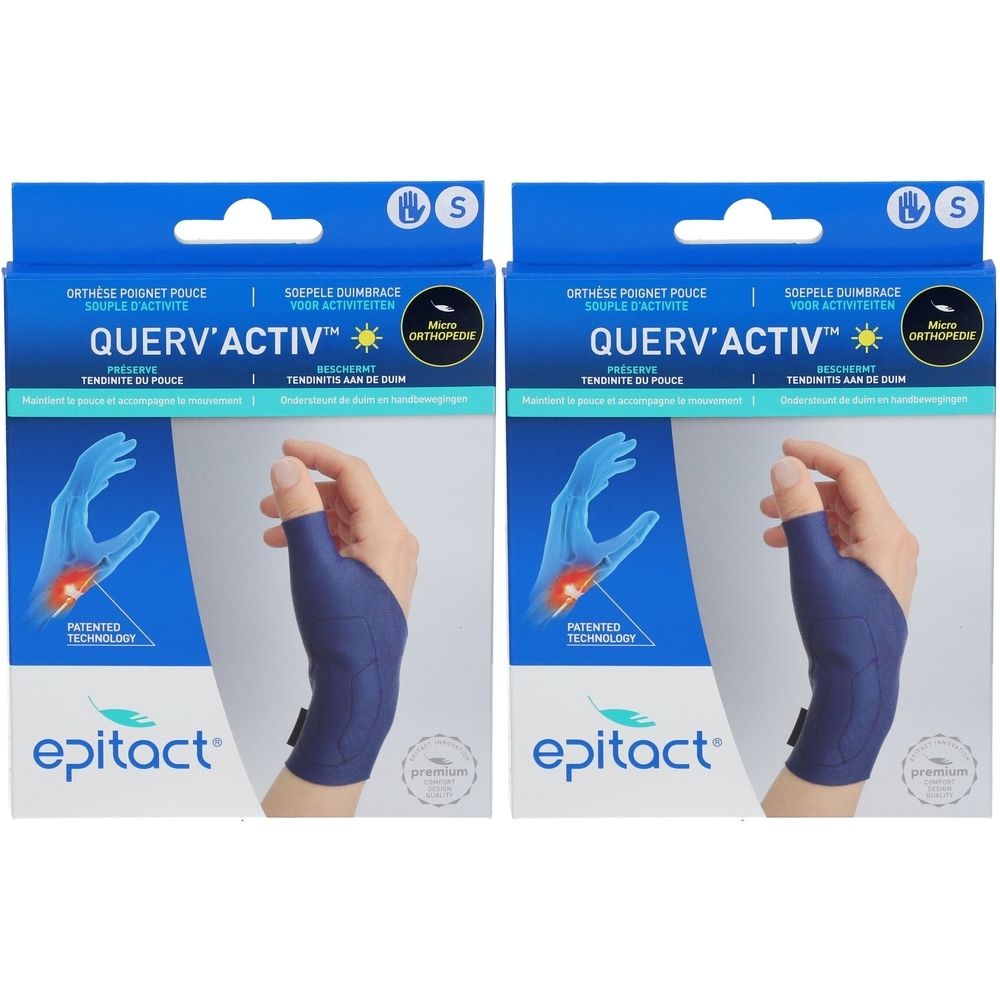 Twee verpakkingen met blauwe Epitact® Querv'Activ™ polssteun. Opschrift: Querv'Activ™, Orthopedisch, maat S.
