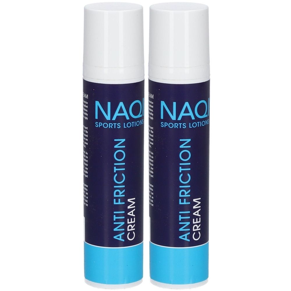 Twee cilindrische tubes NAQI Anti Friction Cream. Blauwe huls met witte tekst. Witte dop en lichtblauwe bodem.