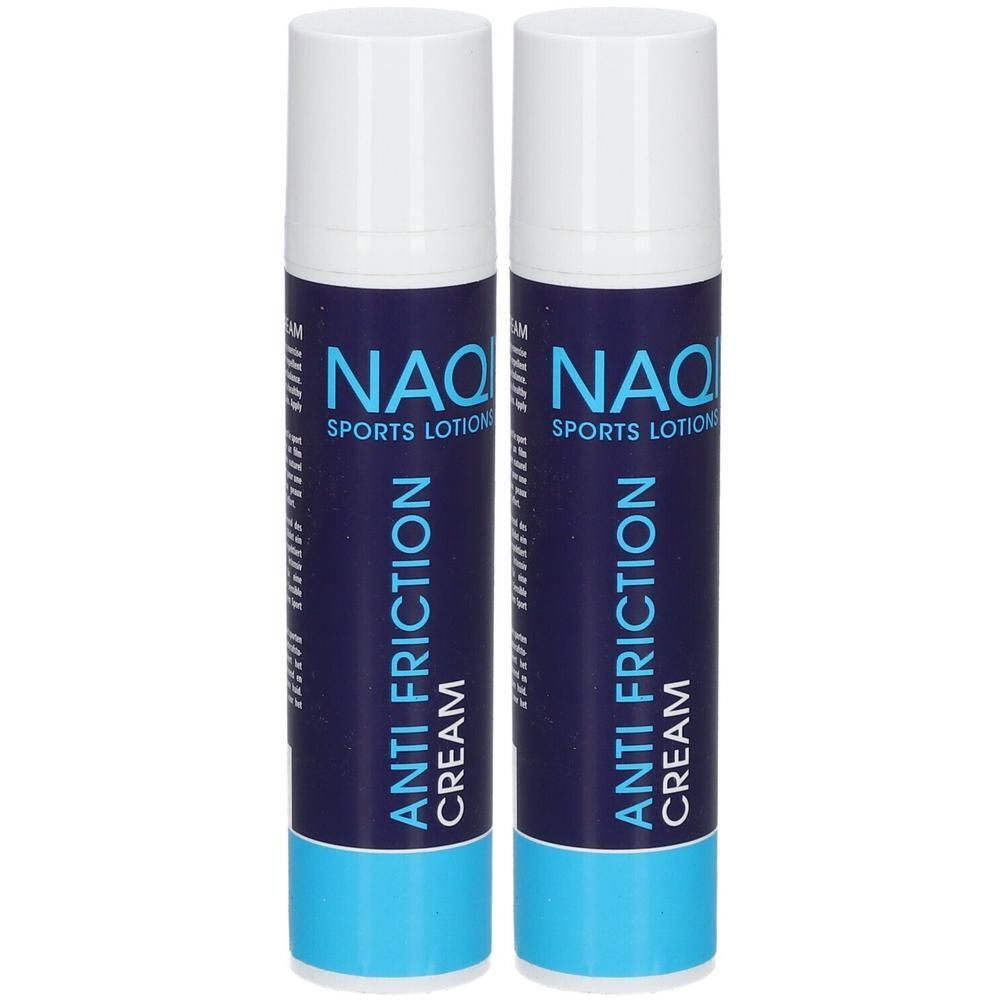 Twee tubes NAQI Anti Friction Cream. Witte doppen, donkerblauwe etiketten met witte tekst. Turquoise bodem.