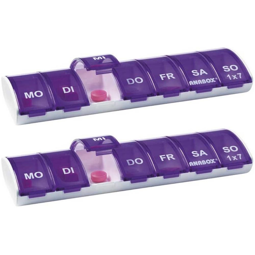 Deux piluliers violets à sept compartiments, avec jours de la semaine. Marque : Anabox.