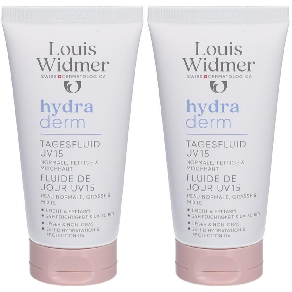 Twee tubes Louis Widmer Hydraderm Dagfluïde UV15. Witte tubes met roze dop. Opschrift in het Duits en Frans.