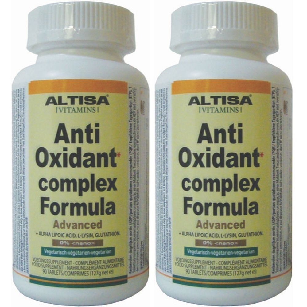 Twee witte flessen met etiket 'ALTISA Anti Oxidant complex Formula Advanced'. Opschrift: '90 tabletten'.