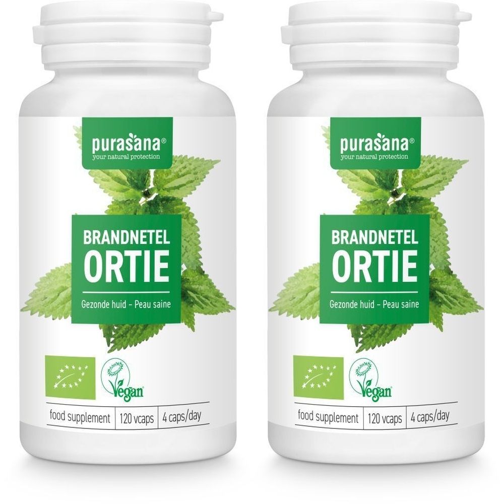 Twee witte flessen met etiketten. Opschrift: BRANDNETEL ORTIE, Vegan-keurmerk. Voedingssupplement. 120 capsules, 4 capsules/dag.