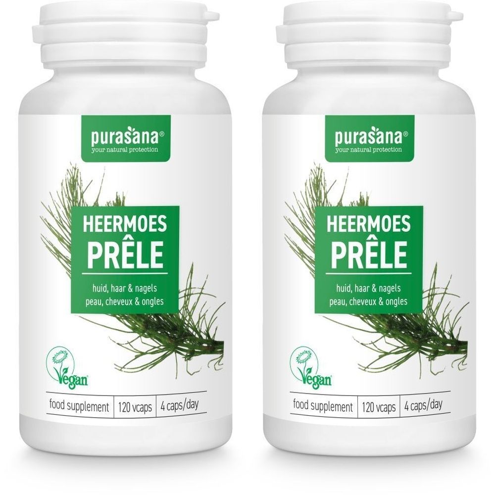 Deux flacons blancs de Purasana Prêle. Inscription: Heermoes Prêle, Vegan. Contient 120 gélules, 4 gélules/jour.