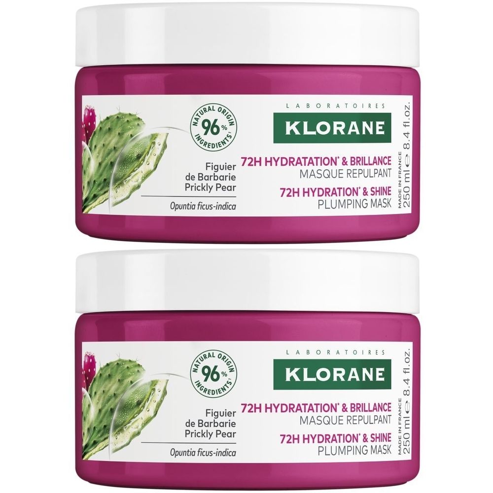 Deux pots roses avec couvercles blancs. Inscription: Klorane, 72H Hydratation & Brillance, Figuier de Barbarie. 250 ml.