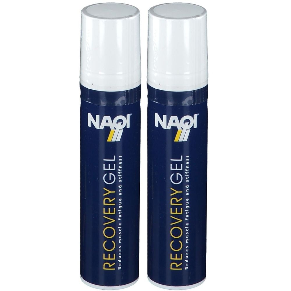 Twee blauwe flacons met witte dop. Opschrift: NAQI RECOVERY GEL. Vermindert spiervermoeidheid en stijfheid.