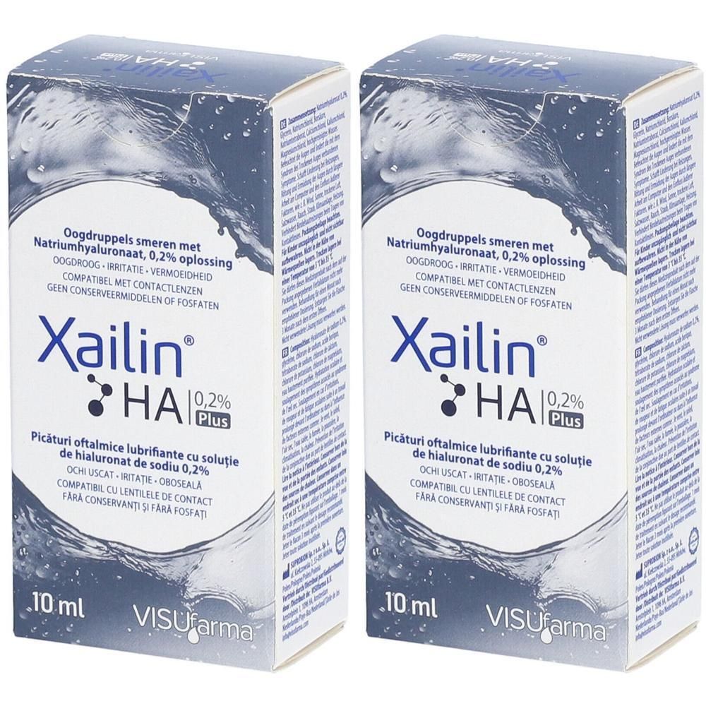 Deux boîtes de Xailin HA 0,2 % Plus. Inscription: gouttes ophtalmiques, 10 ml. Marque VisuFarma. Emballage bleu et blanc.