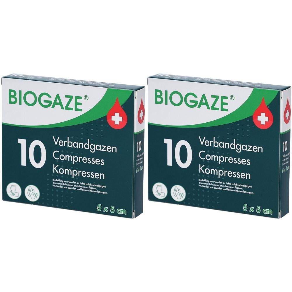 Twee dozen Biogaze verbandgaas. Elke doos toont "10 Compresses", het logo en "5x5cm".