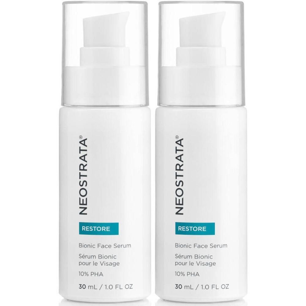 Twee witte flessen Neostrata Bionic Face Serum. Elke fles heeft een pompje en een doorzichtige dop. Tekst: Restore, 10% PHA.