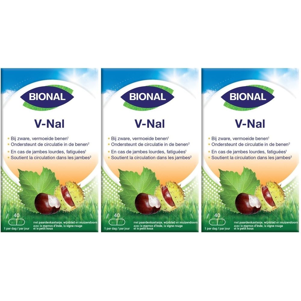 Drie verpakkingen Bional V-Nal. Elke verpakking toont logo, productnaam en afbeeldingen van bladeren en kastanjes.