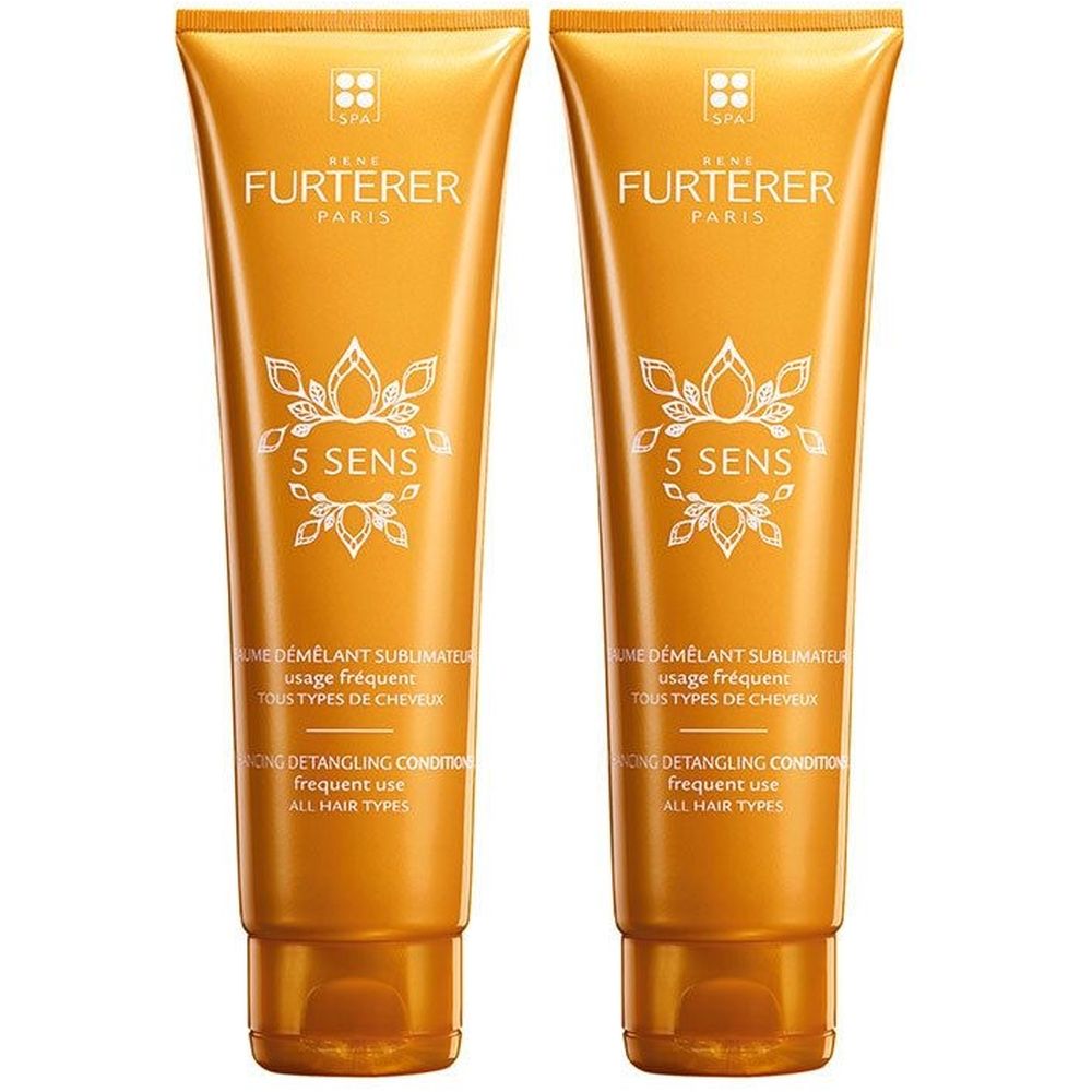 Twee tubes gouden balsem. Opschrift: René Furterer, 5 Sens, Baume Démêlant Sublimateur. Voor alle haartypes.