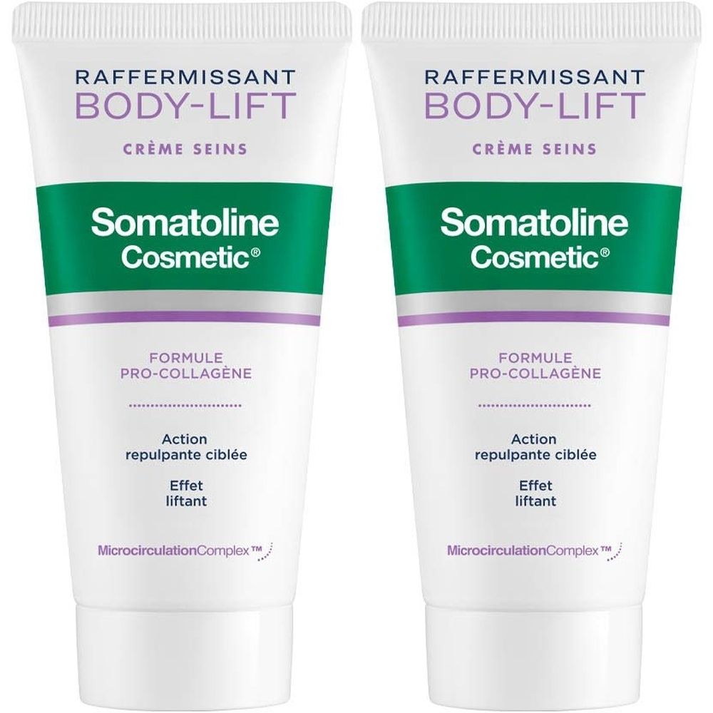 Deux tubes de Somatoline Cosmetic Body-Lift Crème Seins. Blanc, avec des accents verts et violets. Texte : Body-Lift, Crème Seins, Formule Pro-Collagène.