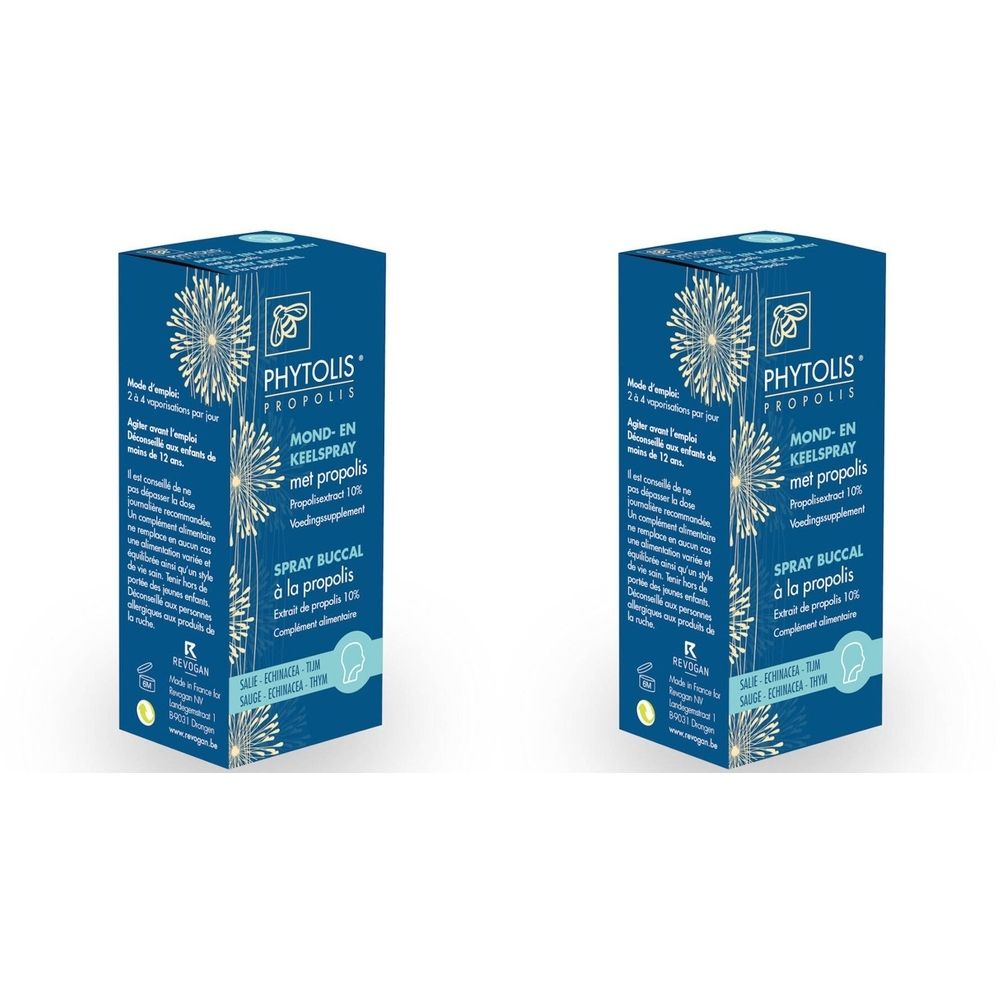 Twee blauwe dozen. Opschrift: PHYTOLIS PROPOLIS, mond- en keelspray met propolis. Spray buccal à la propolis.
