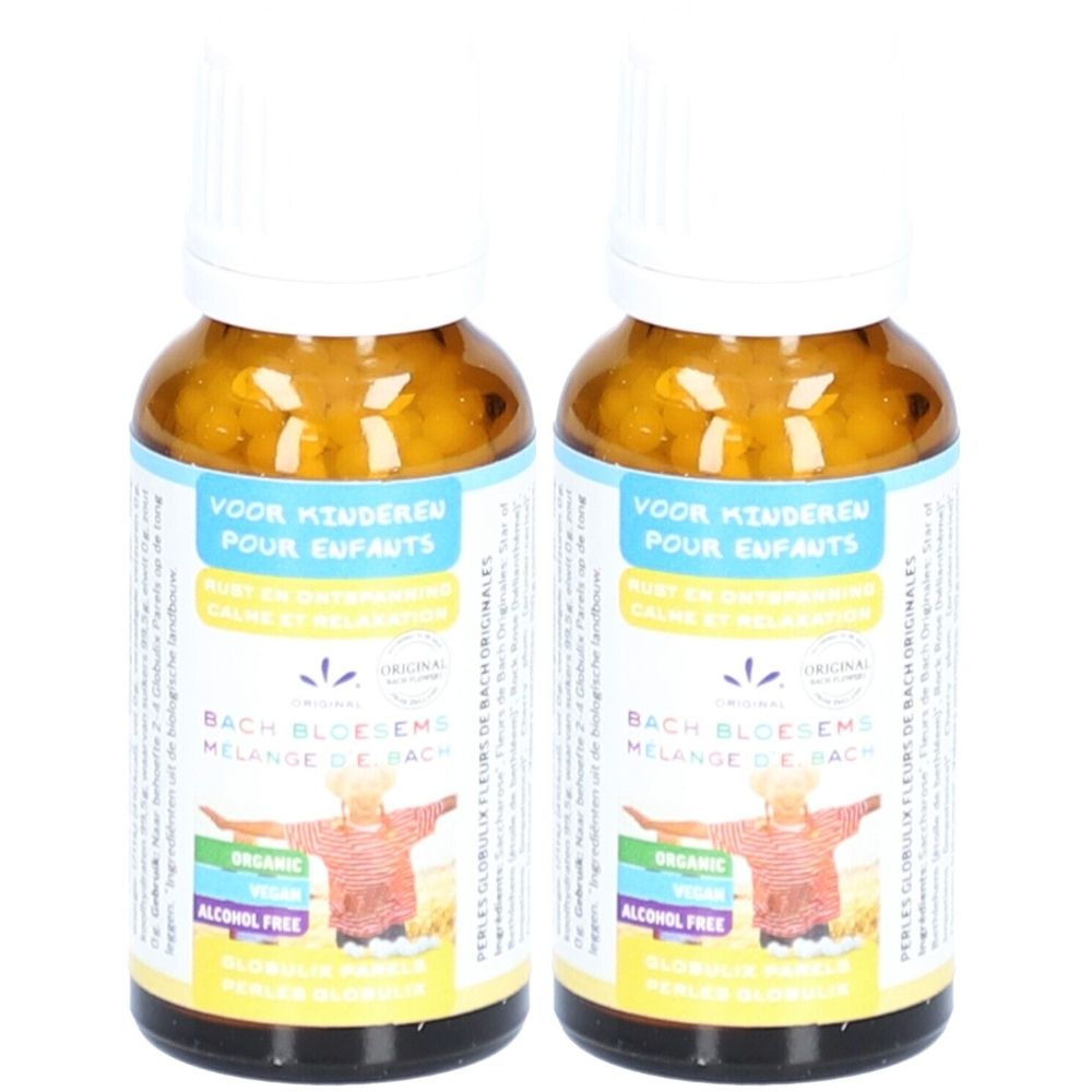 Deux flacons en verre brun avec bouchon blanc. Étiquette avec texte en néerlandais et français. Inscription : Bach Bloesems.