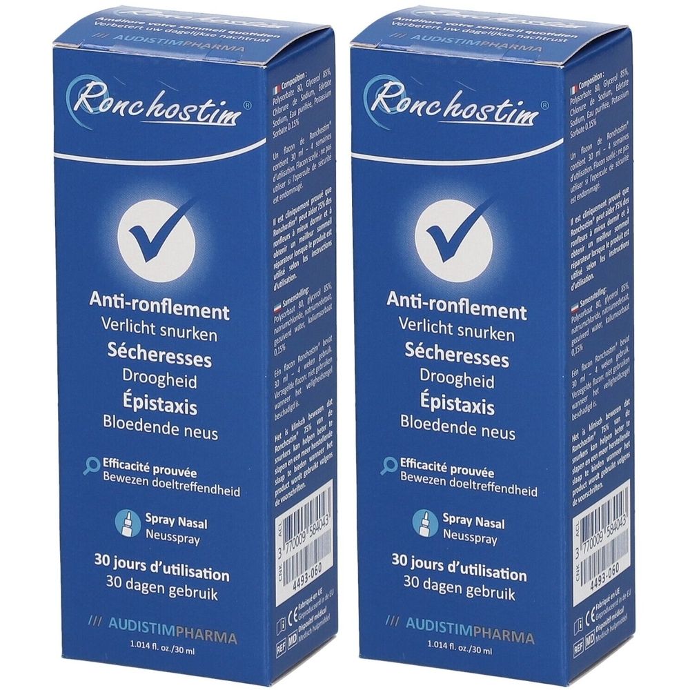 Twee blauwe dozen met Ronchostim. Opschrift: Anti-snurken, droogheid, bloedneus. Logo en tekst in meerdere talen. Neusspray, 30 dagen gebruik.