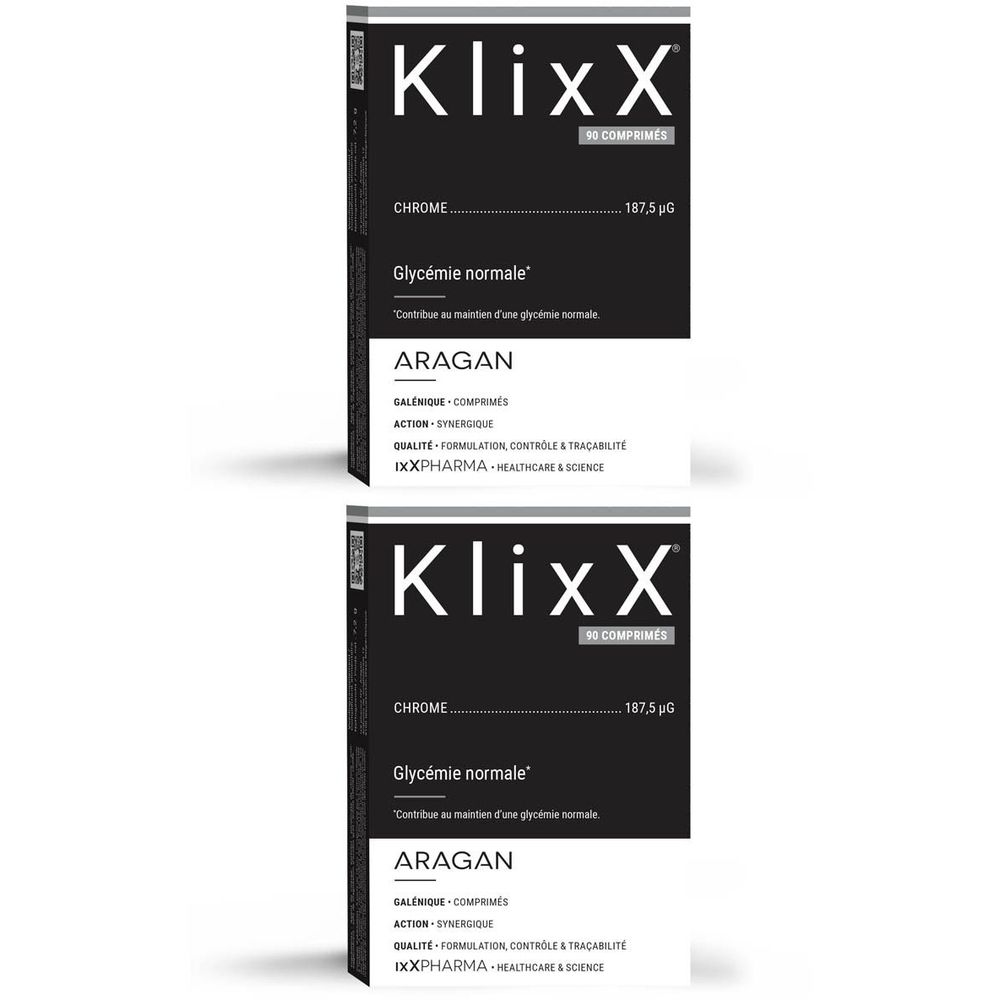 Deux boîtes de KlixX, 90 comprimés. Emballage noir et blanc. Texte : Chrome, Glycémie normale, ARAGAN, ixxpharma.