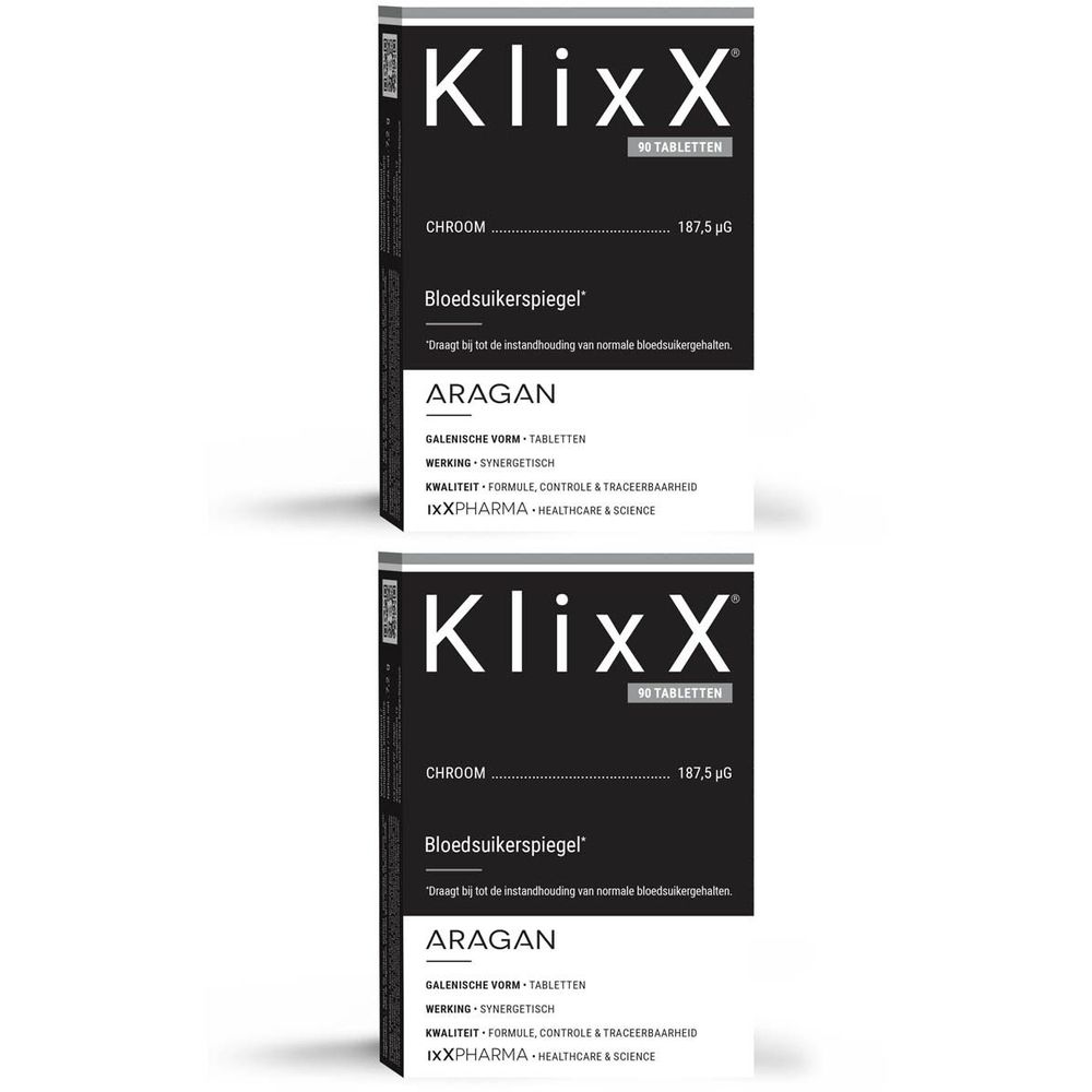 Twee verpakkingen KlixX, 90 tabletten. Zwart-witte verpakking. Tekst: Chrome, Bloedsuikerspiegel, ARAGAN, ixxpharma.