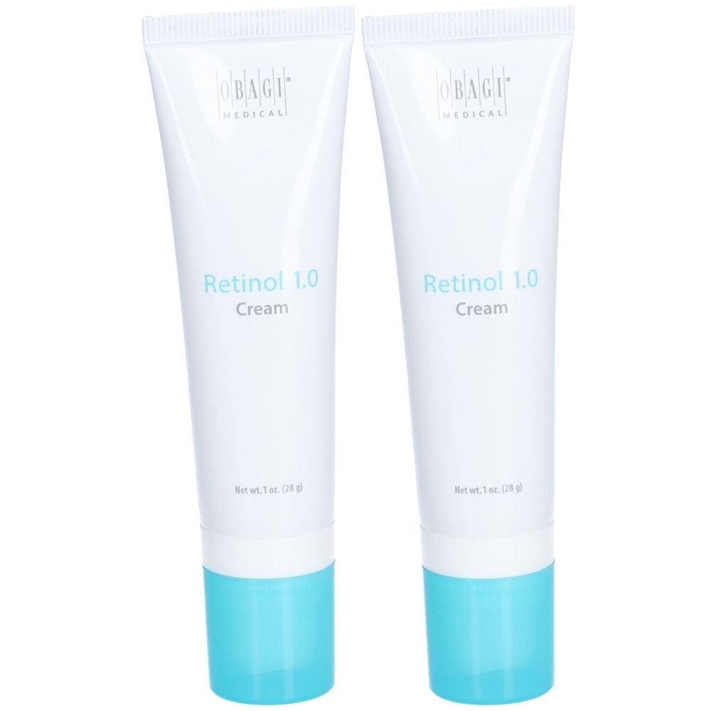 Twee tubes Obagi360® Retinol 1.0 Cream. Witte tubes met blauwe dop. Opschrift: Retinol 1.0 Cream.