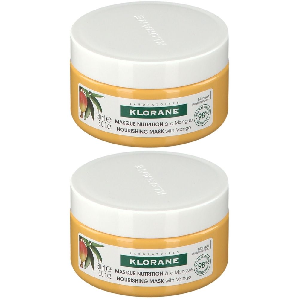 Deux pots de Klorane Mangue Masque Nutrition. Pots jaunes avec couvercles blancs. Inscription: Nourishing Mask with Mango.