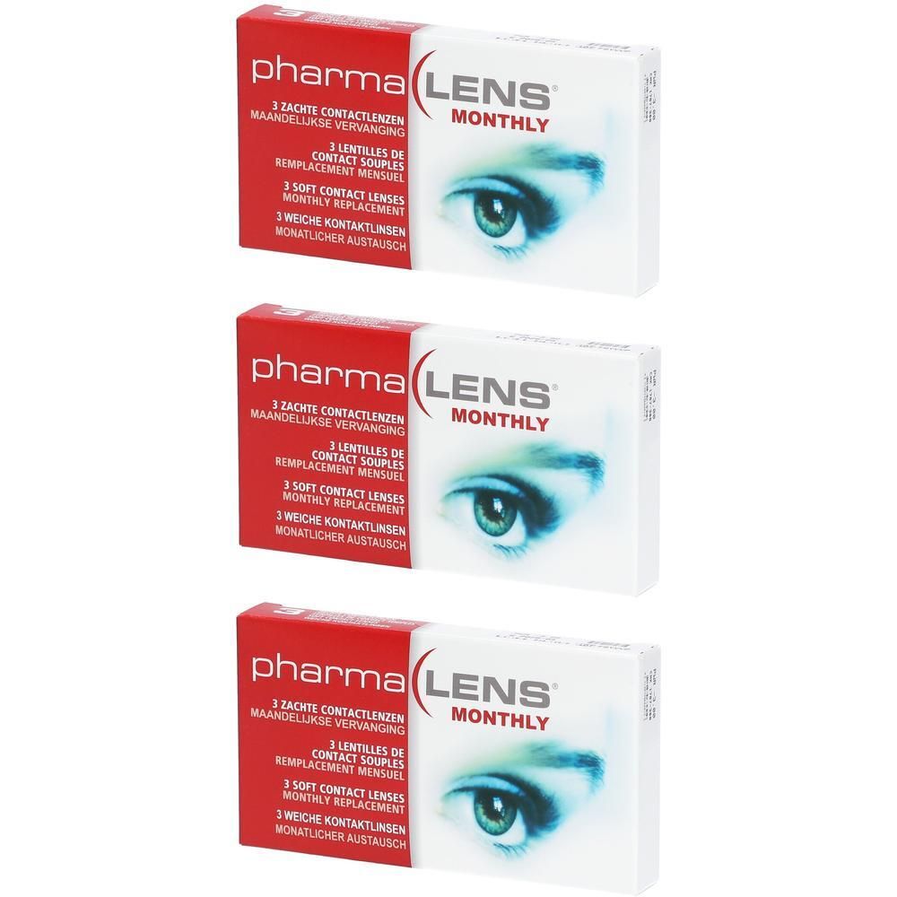 Trois boîtes de lentilles de contact Pharma Lens Monthly. Emballage rouge et blanc avec informations et un œil.