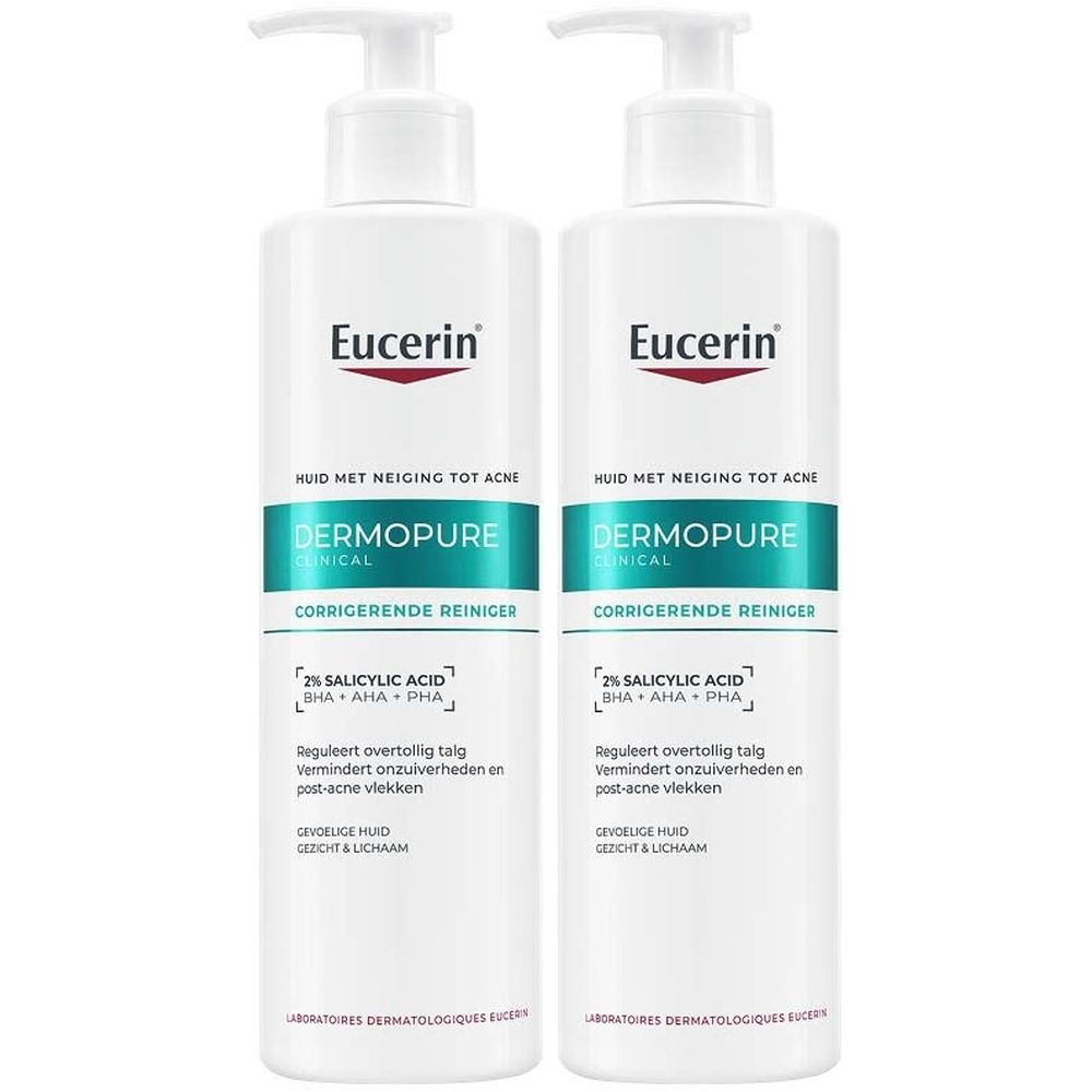 Twee flessen Eucerin DERMOPURE CLINICAL. Witte flessen met pomp, groene tekst.