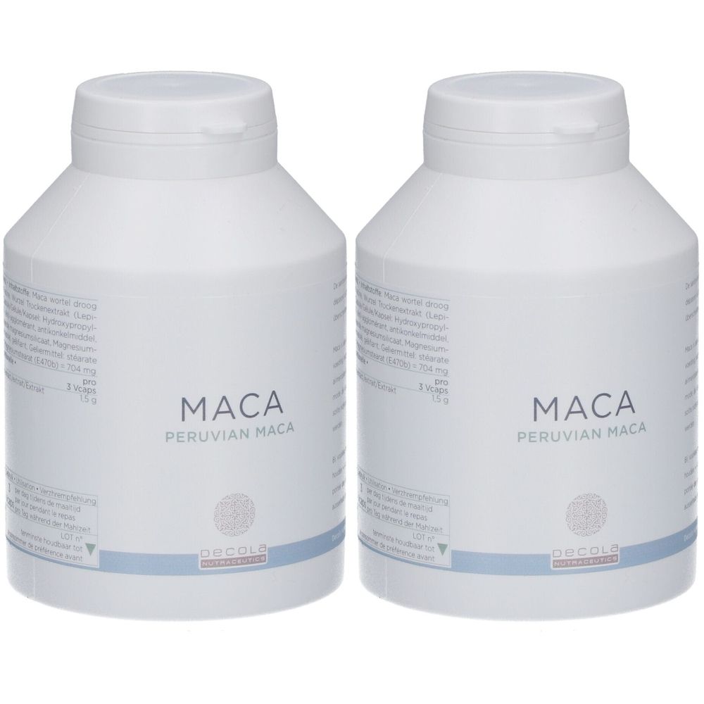 Deux flacons blancs avec couvercles. Inscription: MACA Peruvian Maca. Marque Decola.