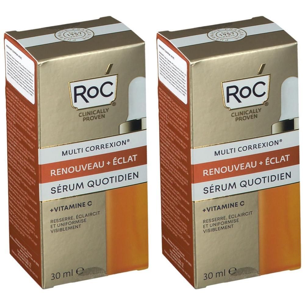 Twee RoC®-verpakkingen. Gouden dozen met productnaam en logo. Tekst: MULTI CORREXION, Renouveau + Éclat, Sérum Quotidien.