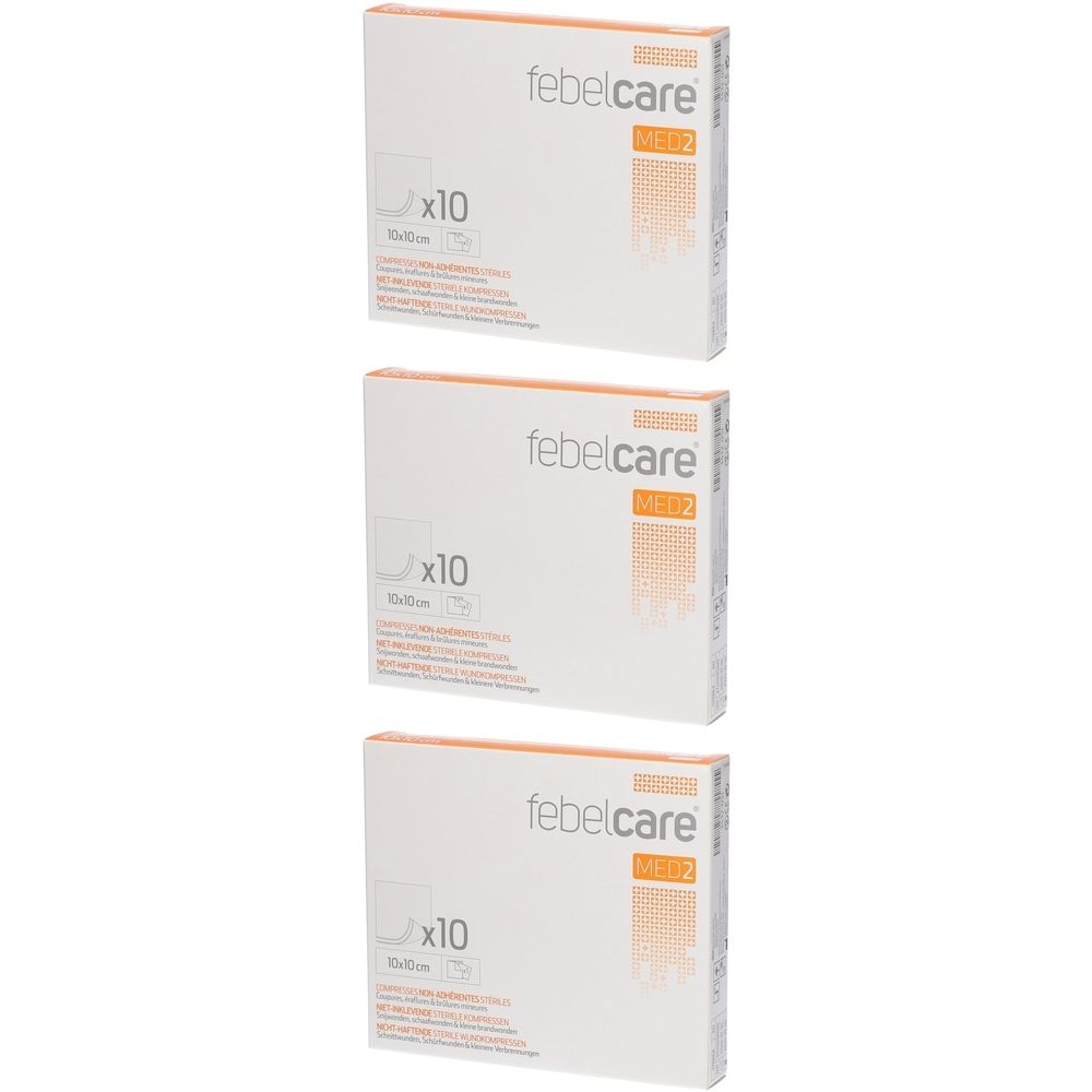 Trois boîtes "Febelcare". Chaque boîte contient 10 compresses stériles non adhérentes.