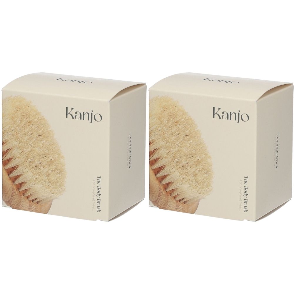 Twee vierkante dozen. Op de voorkant staat "Kanjo" en een afbeelding van een lichaamsborstel. Op de zijkant staat "The Body Brush".