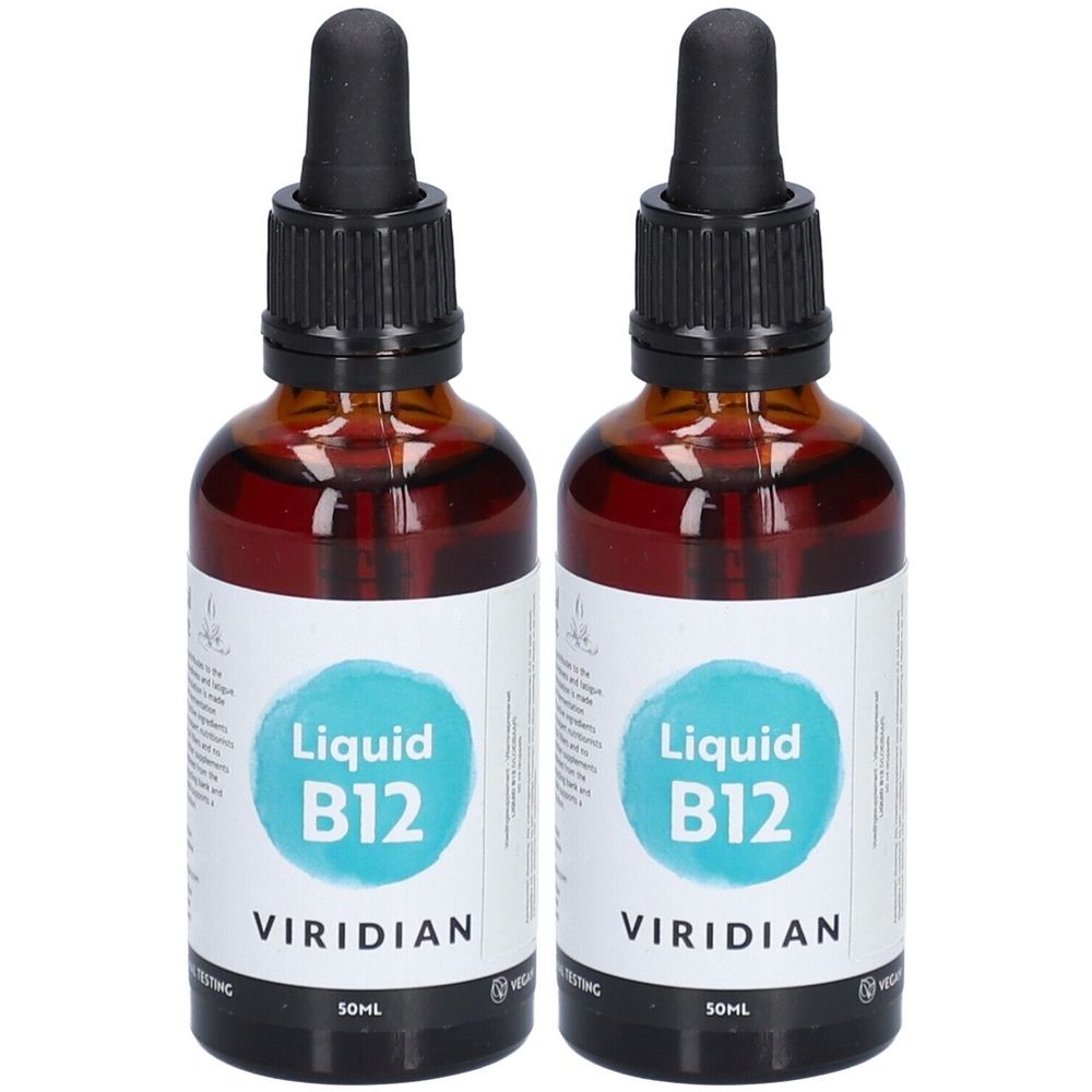 Twee glazen flessen met bruine vloeistof en zwarte pipetten. De etiketten tonen "Liquid B12" en "Viridian".