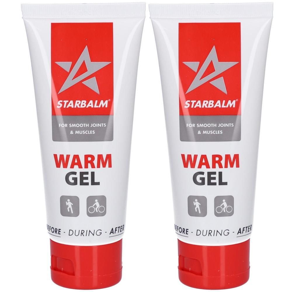 Twee tubes STARBALM Warm Gel. Witte tubes met rode dop en rood rechthoek met logo en tekst. Tekst: Warm Gel.