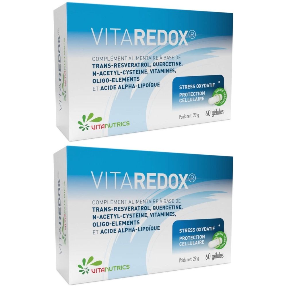 Twee dozen Vitaredox. Blauw-witte verpakking met productnaam en ingrediënten. Vitanutrics logo.