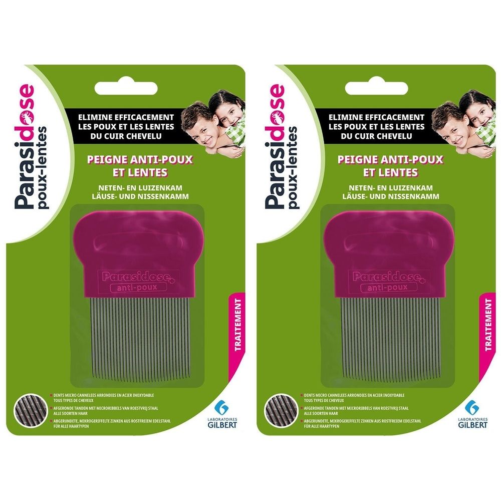 Twee verpakkingen luizenkammen. Opschrift: Parasidose, Peigne Anti-Poux et Lentes. Paarse kam met metalen tanden.