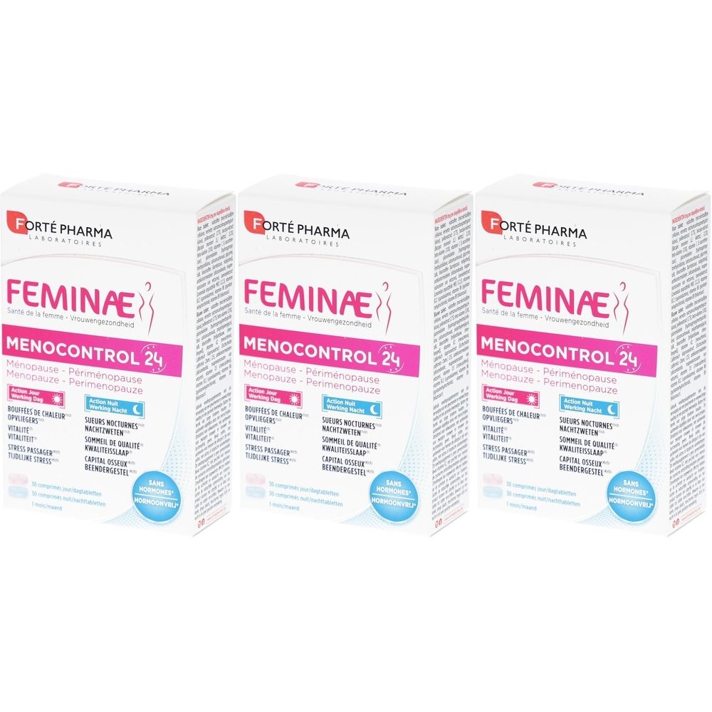 Drie witte dozen met de tekst FEMINAE MENOCONTROL 24. Op elke doos staan logo's en productinformatie in verschillende talen.