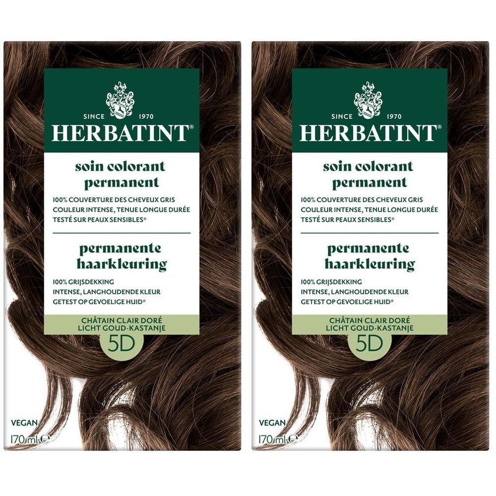 Deux boîtes de Herbatint Soin Colorant Permanent 5D. Inscription : Châtain Clair Doré, permanente haarkleuring, vegan.
