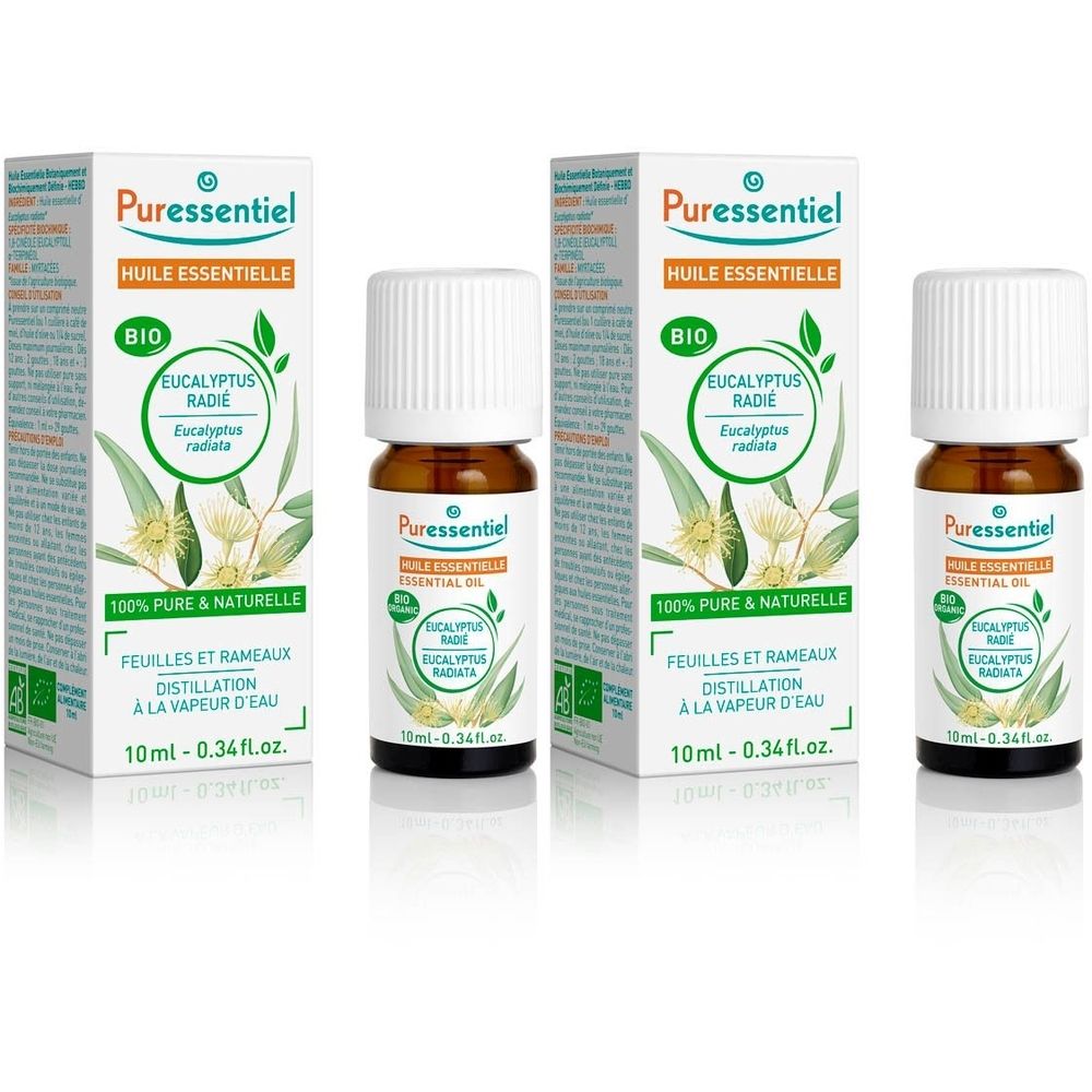 Trois flacons et emballages Puressentiel. Inscription: Eucalyptus Radié Huile Essentielle Bio, 10ml.