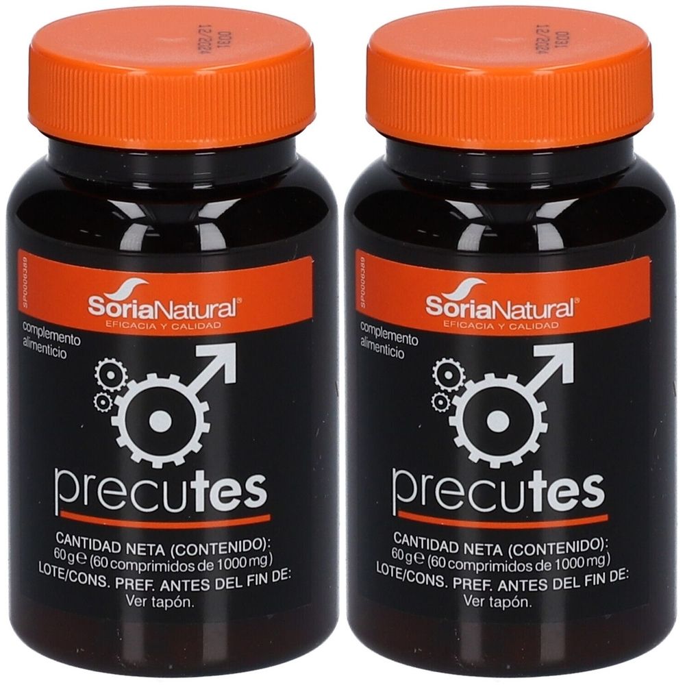 Twee zwarte flessen met oranje doppen. Labels met "SoriaNatural" en "precutes". Bevat 60 tabletten van 1000mg.