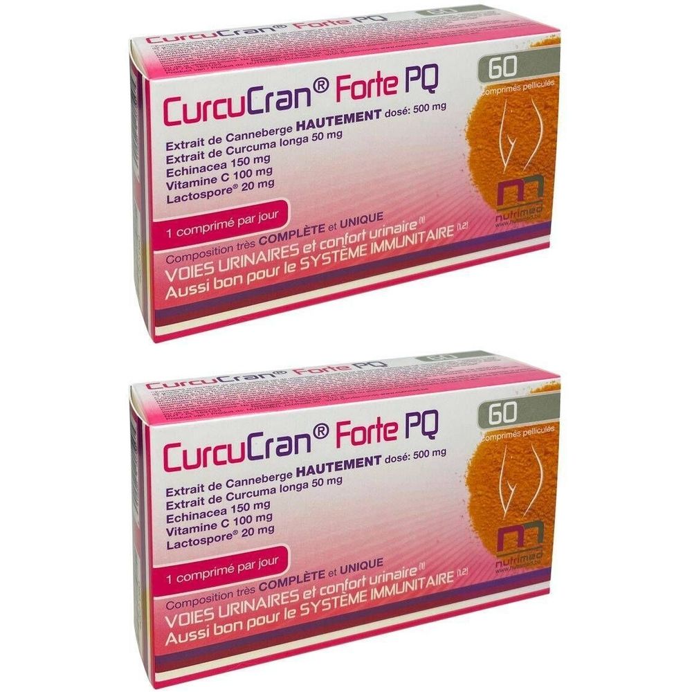 Deux boîtes de CurcuCran® Forte PQ. Emballage rose et blanc avec nom et ingrédients. 60 comprimés.
