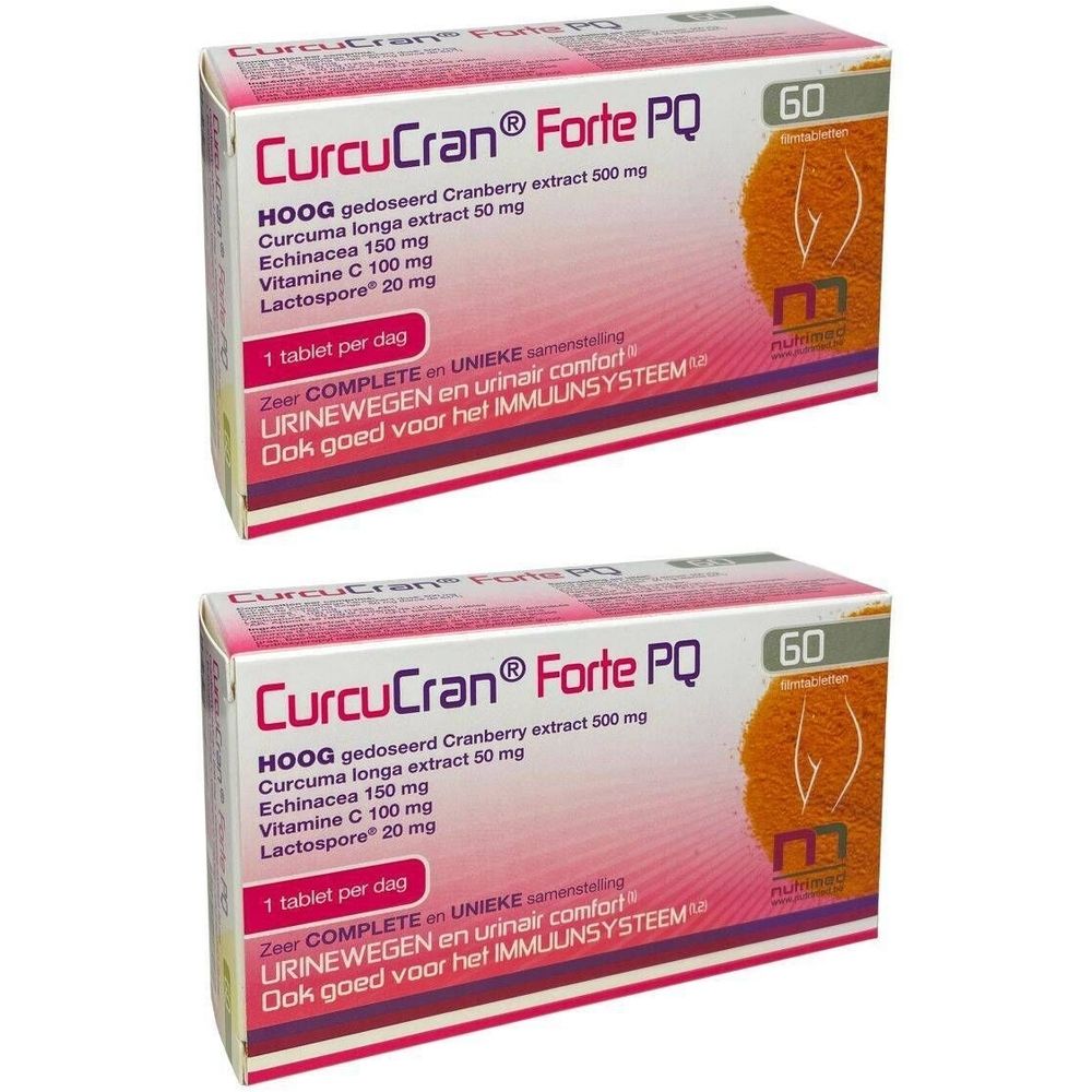 Twee dozen CurcuCran® Forte PQ. Roze-witte verpakking met naam en ingrediënten. 60 tabletten.