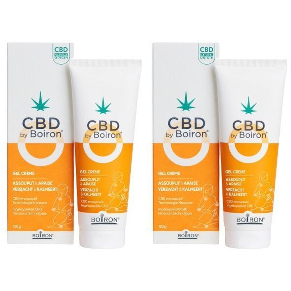 Twee tubes en verpakkingen van CBD by Boiron Gel Crème. Witte tubes met oranje accenten en groene logo's. Verpakking met productnaam.