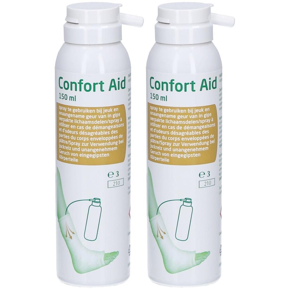 Twee witte spuitbussen met de tekst "Confort Aid". Elke fles bevat productinformatie in meerdere talen.