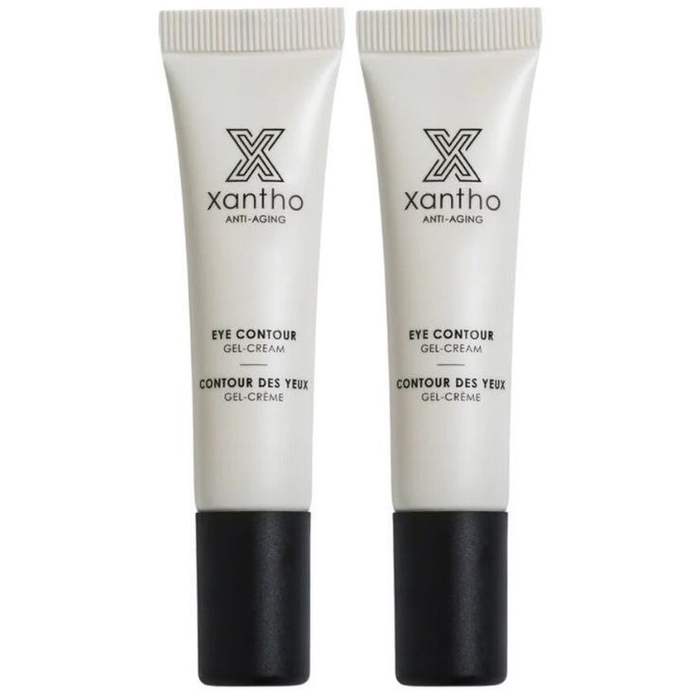 Twee tubes Xantho Anti-Aging oogcontour gel-crème. Witte tubes met zwarte dop. Opschrift: EYE CONTOUR GEL-CREAM.