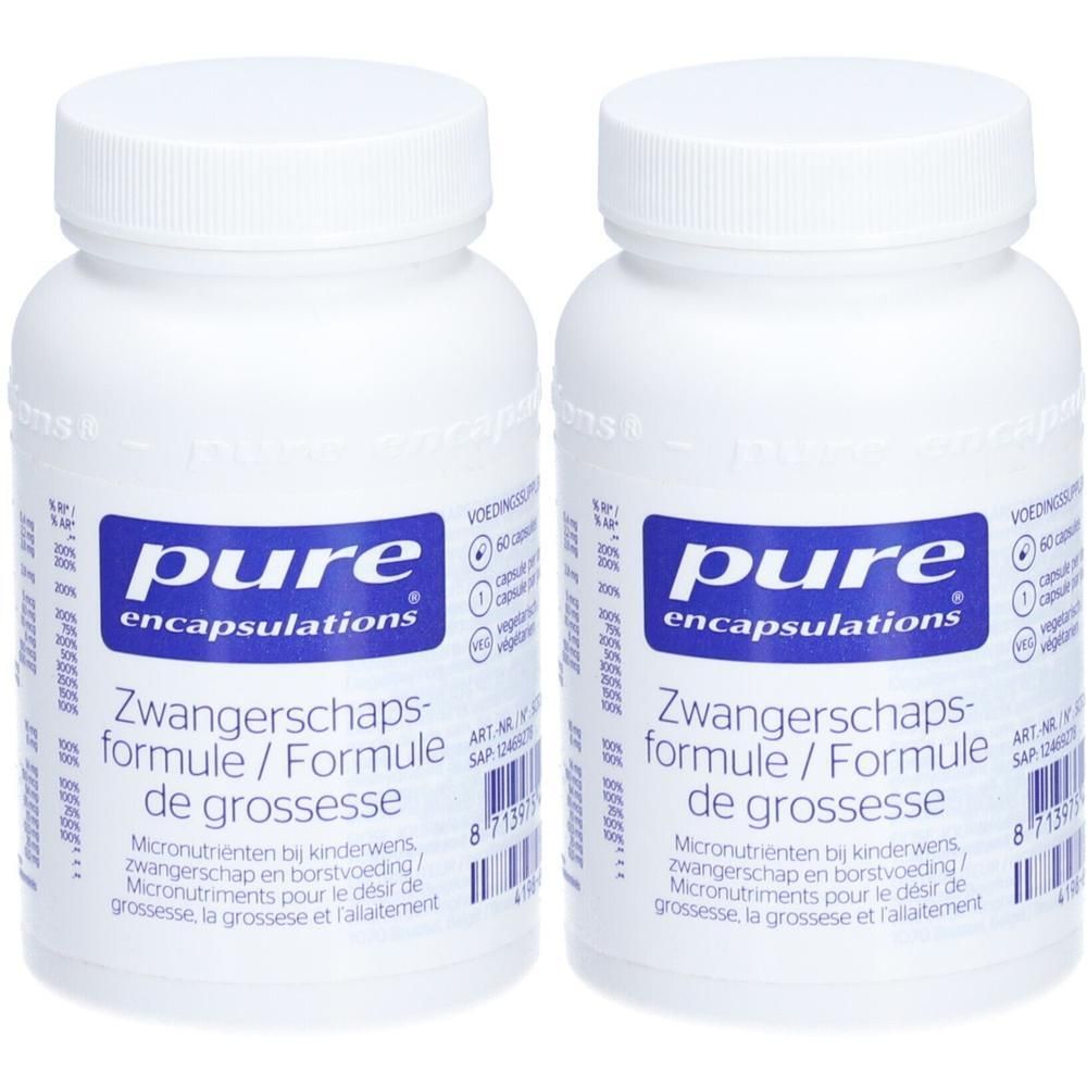 Twee witte flessen met blauw etiket. Op het etiket staat "pure encapsulations" en "Formule de Grossesse".