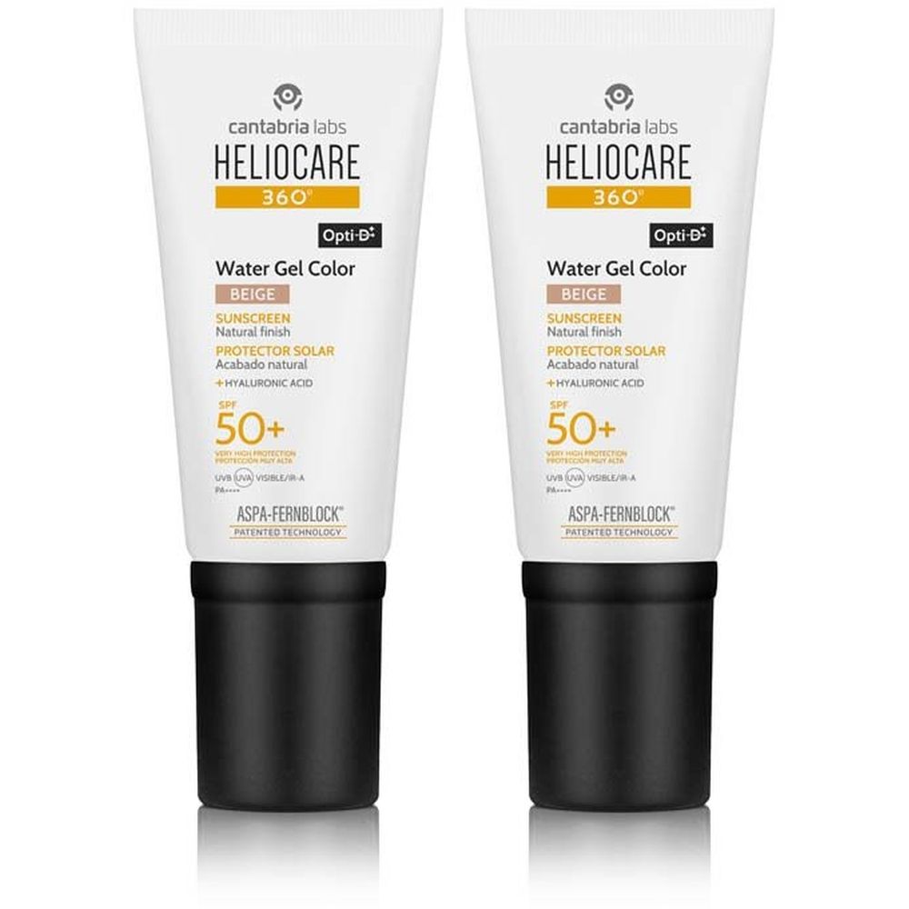 Deux tubes de Heliocare 360° Water Gel Color Beige SPF50+. Tubes blancs avec bouchon noir. Texte: Protection solaire, SPF 50+.