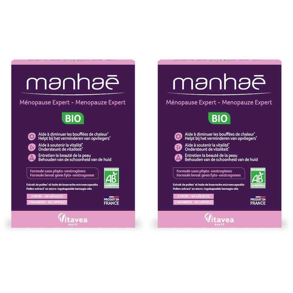 Twee dozen Manhaé Ménopause Expert Bio. Paarse verpakking met witte tekst. Bevat AB Bio-certificering.
